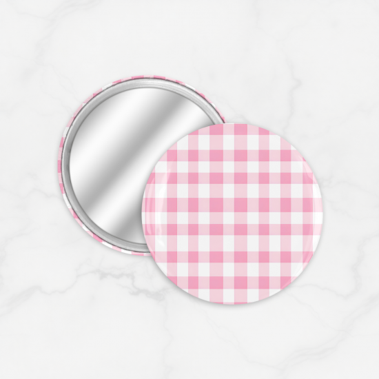 Cermin Bulat Pastel Strawberry Pink Gingham Pattern | Kaca Cermin Make Up Mini
